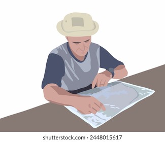 Vector isolated illustration of a man looking for a route on a tourist map. Local orientation. Tourist guide.