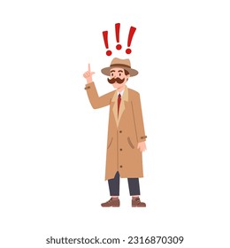 Vector isolated illustration of man with mustache in coat and hat stands, raised his pointer finger up, he understood everything. Exclamation marks above the head. Private detective agency