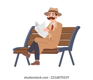 Vector isolated illustration of man with mustache in coat sits on a bench and reads newspaper. The detective is on a mission under cover on white background. Private detective agency.