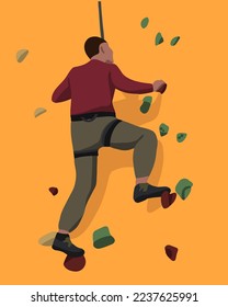Vector isolated illustration of a man on a rock climbing wall.