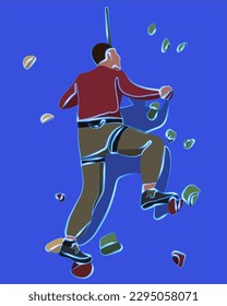 Vector ilustra aisladamente a un hombre en un muro de escalada. Molestias. El niño trepa la pared del muro de escalada. Entrenamiento de escaladores.