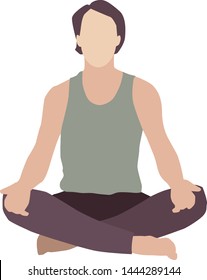 A vector isolated illustration of a man, practicing yoga or aerobics on a white background. Position Lotos