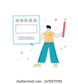 Vector isolated illustration of man with quality assessment survey. giving stars, feedback and rating on website. Online review concept. Flat illustration on white background. Email banner design
