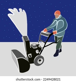 Vector isolated illustration of a man removing snow with a snowplow.