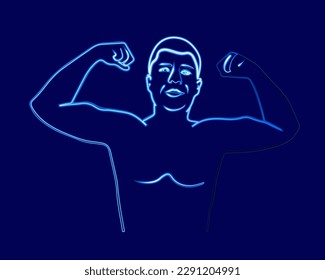 Vector isolated illustration of a man showing strength. Neon contour drawing of an athlete. Sports man.