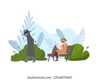 Vector isolated illustration of man sits on bench and reads newspaper in the park. Suspicious man in black glasses and gray clothes walks by. Detective is on mission under cover on white background.