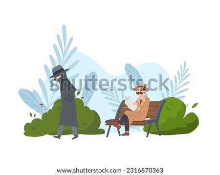 Vector isolated illustration of man sits on bench and reads newspaper in the park. Suspicious man in black glasses and gray clothes walks by. Detective is on mission under cover on white background.