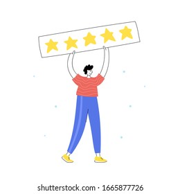 Vector isolated illustration of man standing and holding star.  feedback and customer review concept.  5 star gold rank. Flat illustration on white background. Email banner design
