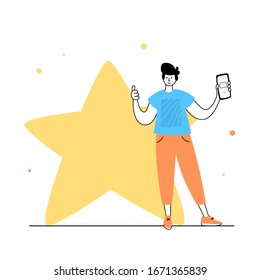 Imagen vectorial aislada del hombre parado cerca de la estrella con smartphone. el cliente elige la calificación de satisfacción y deja el concepto de revisión. Ilustración plana sobre fondo blanco. Diseño de banners de correo electrónico
