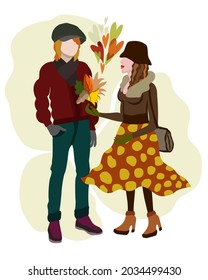 Vector isolated illustration of man and woman, walking in autumn park. She gives him bouquet of colorful leaves. They are in love.