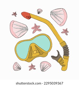 Vector isolated illustration of mask and snorkel for swimming. Equipment for diving. Summer set for a vacation on the sea and the ocean.