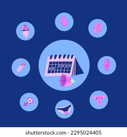 Vector isolated illustration of menstrual cycle icons. Hygiene during menstruation. Women's health. Menstrual calendar.