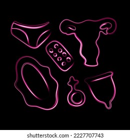 Vector isolated illustration of menstrual set with neon effect.
