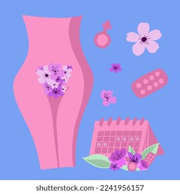 Vector isolated illustration of menstrual set. Menstrual cycle.