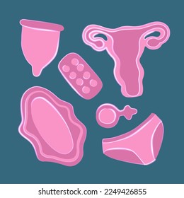 Vector isolated illustration of menstrual set. Menstrual cycle.