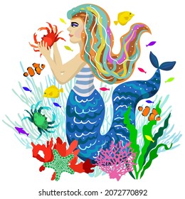 Vector isolated illustration of mermaid with her friends, sea animals: colorful decorative fishes, crabs, corals, starfish. Bright underwater concept.