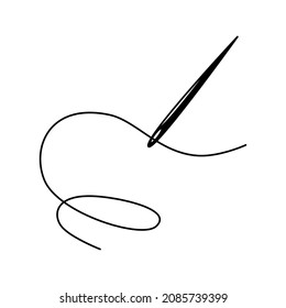 Vector isolated illustration of a metal needle with a thread. Black line string. Sewing, embroidery