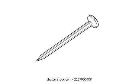 Vector Isolated Illustration of a Metal Steel Nail. Black and white linear illustration