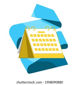 Ilustración vectorial aislada de metáfora con calendario. Fondo blanco con cinta azul. Administración de tiempo de concepto, horas de trabajo, planificación, negocios.