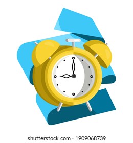 Vector isolated illustration of metaphor with gold alarm clock. White background with folded blue ribbon. Concept time management, planning, working hours, deadlines, business, speed, and lateness.
