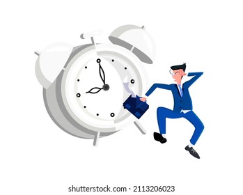 Vector isolated illustration is metaphor of man, an employee who is late for work against the background of an enlarged, abstract alarm clock. Concept being late, working early, oversleeping.