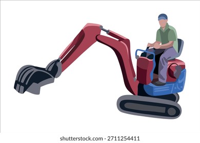 Vector aislado ilustración de una micro excavadora. Un trabajador masculino está trabajando al volante de una micro excavadora.