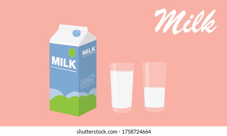 Vector Isolated Illustration of a Milk Box and two glasses of milk