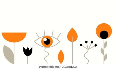 Vector Isolated Illustration Of A Minimal Geometric Orange Flowers And An Eye On A White Background. 4k Web Banner Wallpaper