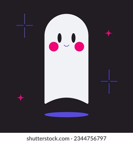 Vector isolated illustration of a minimal geometric white ghost on a black background. Shining stars. Halloween symbol