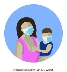 Vector isolated illustration of mother with child in medical masks. Child care hospital.