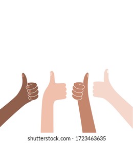 Vector isolated illustration of multiracial hands with thumb up. Feedback and customer review concept. User satisfaction. Flat illustration on white background. .