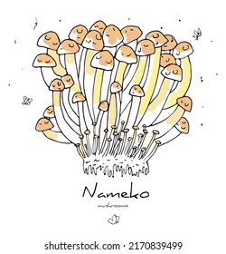 Vector isolated illustration of Mushrooms Nameko. Line style. You can used this objects in postcards, banners, web design, typography, etc. Concept of natural, fresh, raw foods.