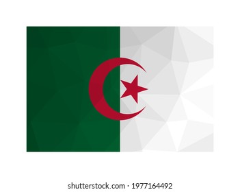 Vector isolated illustration. National Algerian flag with bands of green and white, red star and crescent. Official symbol of Algeria. Creative design in low poly style with triangular shapes. 