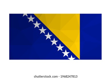 Ilustración aislada del vector. Bandera nacional de formas azules y amarillas, estrellas blancas. Símbolo oficial de Bosnia y Herzegovina. Diseño creativo de bajo estilo polo con formas triangulares