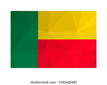 Vector isolated illustration. National flag with green, yellow and red colors. Official symbol of Benin. Creative design in low poly style with triangular shapes. Gradient effect.