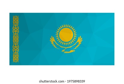 Vector isolated illustration. National Kazakh flag with yellow sun, eagle and blue background. Official symbol of Kazakhstan. Creative design in low poly style with triangular shapes. Gradient effect.