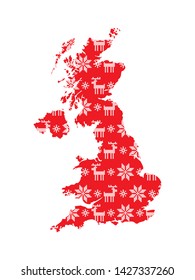 Vector isolated illustration for New Year and Christmas holiday. Simplified map. United kingdom of Great Britain and the Northern Ireland. Red pattern with white cross stitched snowflakes and deers