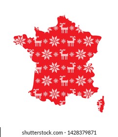 Vector isolated illustration for New Year and Christmas holiday. Simplified France map. Red pattern decorated white cross stitched snowflakes and reindeers