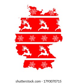 Vector isolated illustration for New Year and Christmas holiday. Simplified Germany map. Red pattern decorated white   snowflakes and reindeers. Brochure or calendar cover design template