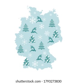 Vektorgrafik einzeln für Neujahr und Weihnachtsfeiertage. Vereinfachtes Deutschland-Diagramm.  weiß dekoriertes Muster   Schneeflocken und Rentiere. Design-Vorlage für Broschüren oder Kalenderabdeckungen