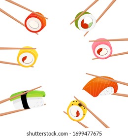 Vector isolated illustration of nigiri rolls held by chopsticks. Bright, beautiful banner in a modern flat style. Sushi with avocado and salmon, rolls in sticks. Banner with place for text.