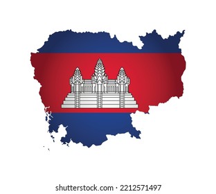 Vector isolated illustration. Official ensign on map of Cambodia. National flag in red, blue colors with white temple complex Angkor Wat