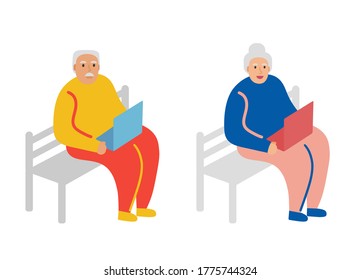 Vector isolated illustration of an old people sitting in a park with a laptop. Grandfather and grandmother with gray hair walks. Stylish elderly aged character grandparents active old age. 