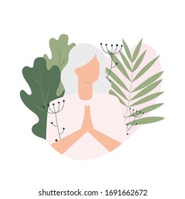 Vector isolated illustration of an old woman praying to god in a flat design style. Portrait of a girl character meditation in a modern style with leaves and abstract shape as a background