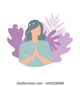 Vector isolated illustration of an old woman praying to god in a flat design style. Portrait of a girl character meditation in a modern style with leaves and abstract shape as a background