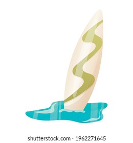Vector isolated illustration on white background. A realistic surfboard is stuck in the ground at the water edge. Design element on the theme of summer beach holidays and active sports.