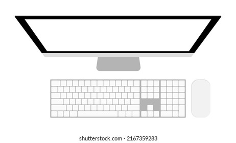 Vector de una ilustración aislada sobre fondo blanco, estilo simple y plano, ordenador con pantalla blanca, escritorio pc