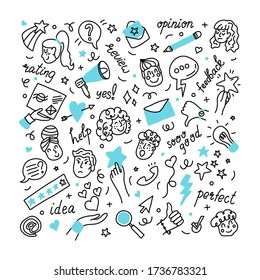 Vector isolated illustration of online review and customer experience concept. People faces, feedback and rating symbols. Doodle illustration on white background. .