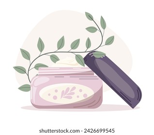 Vector isolated illustration of an open plastic jar of cream. Beauty, skin care, body care, hand cream, cosmetic concept.