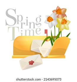 Ilustración vectorial aislada de un buzón retro abierto con un ramo de daffodils, sobres, letras con un sello de parafina dentro. El concepto de correspondencia, primavera, temporada, amor, etc.